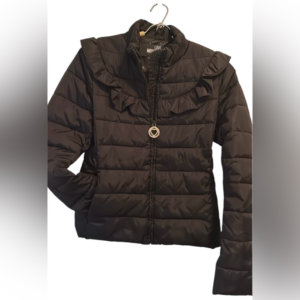 Sz S/4 WOMENS LOVE MOSHINO WINTER JACKET QUILTED WITH RUFFLE DETAIL BLACK COLOR